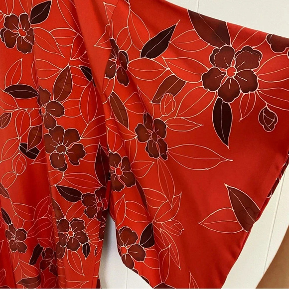 VTG Kimono Haori Traditional Japanese Jacket Silk Floral Pattern Red Coral OS - Picture 15 of 15